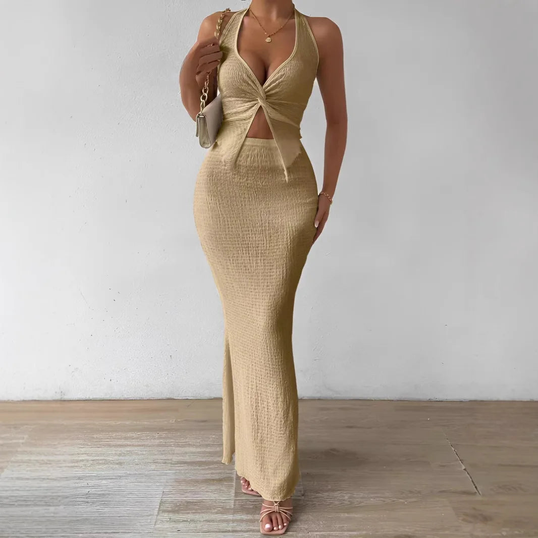 ✨ Elegant & Sexy Summer/Fall Two-Piece Set – Halter Top & Long Skirt 2025