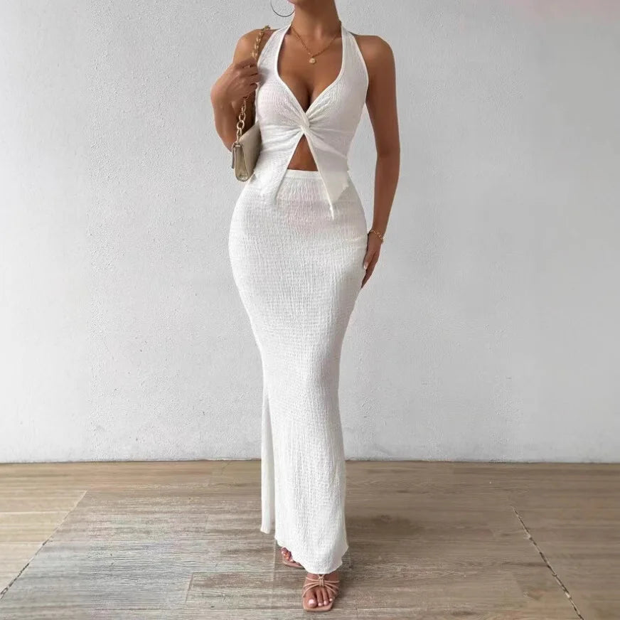 ✨ Elegant & Sexy Summer/Fall Two-Piece Set – Halter Top & Long Skirt 2025