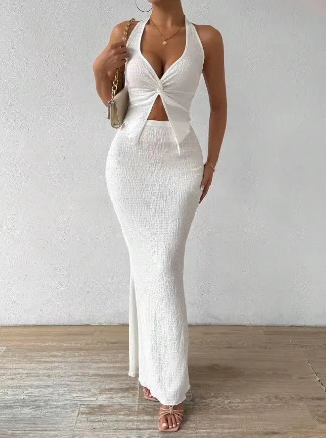 ✨ Elegant & Sexy Summer/Fall Two-Piece Set – Halter Top & Long Skirt 2025